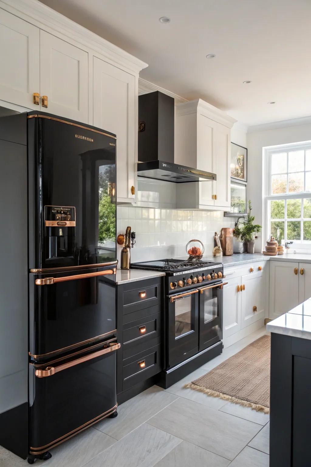 Bronze-trimmed appliances unify the kitchen design for a harmonious look.