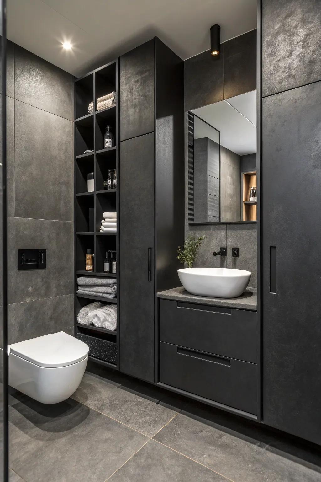 A bathroom with covered stowage solutions for a clutter-free environment.