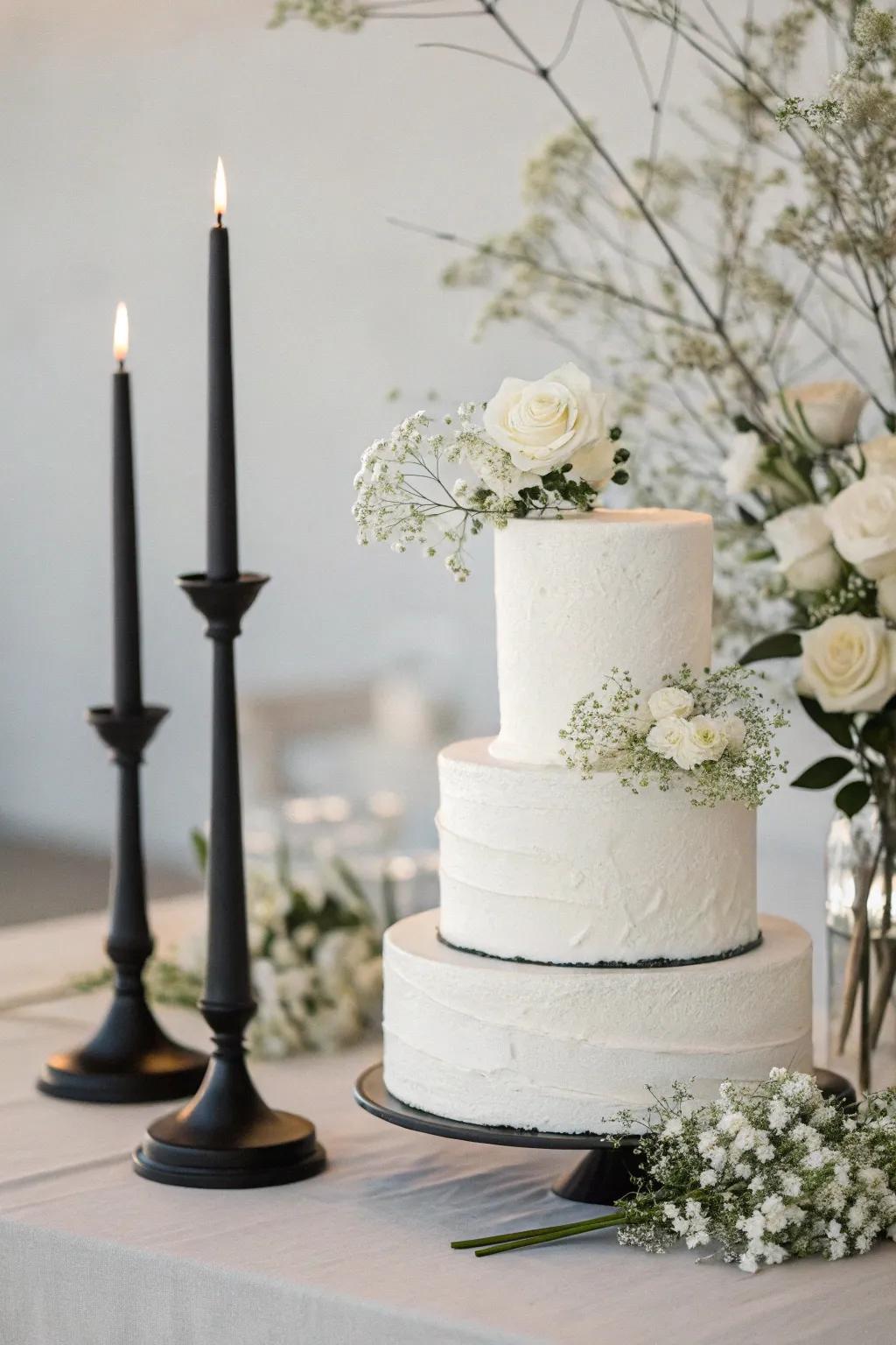 A minimalist cake showcase with ebony candlesticks enhances the wedding theme.