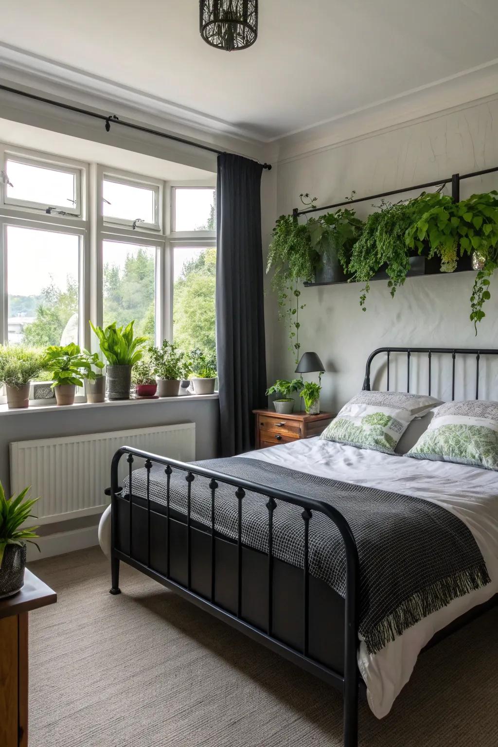 Lush plants bring vitality and freshness to this dark-themed bedroom.