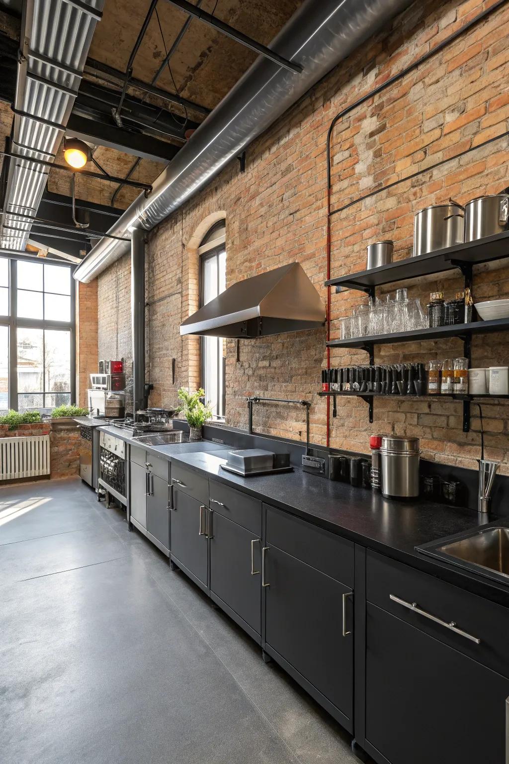Industrial vibe with ebony worktops and exposed rock.