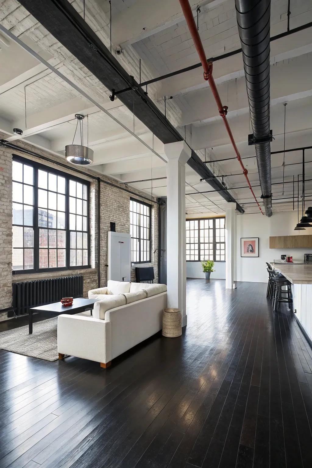 Modern loft living with dark hardwood floor.