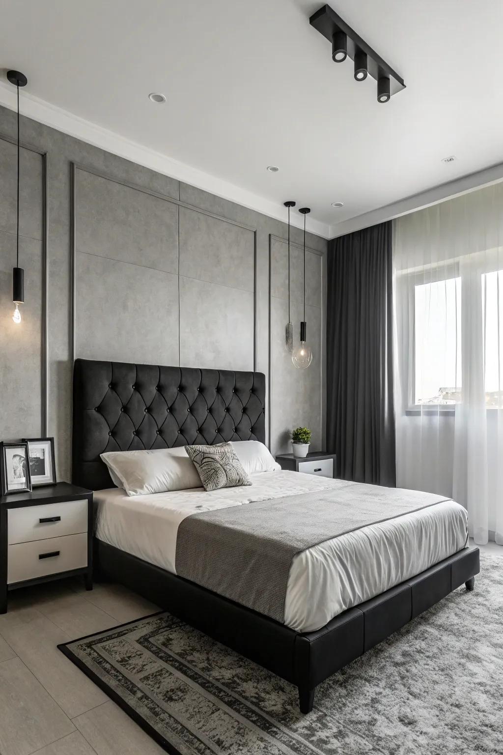 Chic bedroom featuring a monochrome palette and dark-toned headboard