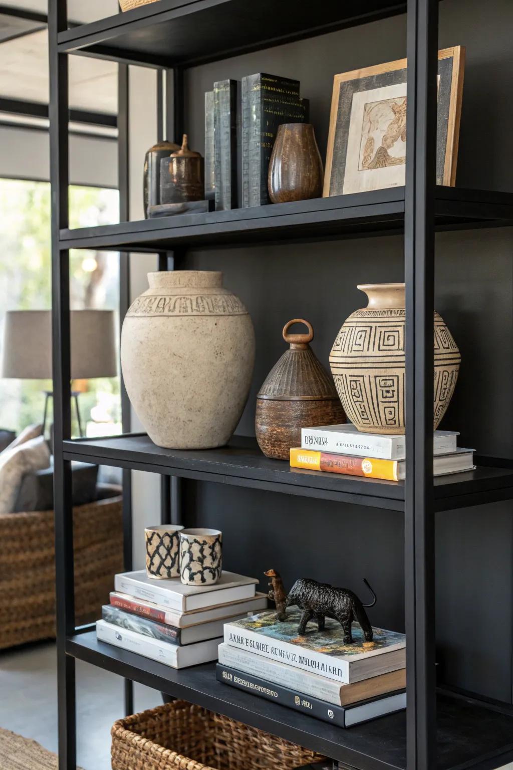 A blend of sizable and diminutive decor pieces infusing visual curiosity upon a dark-colored shelf.