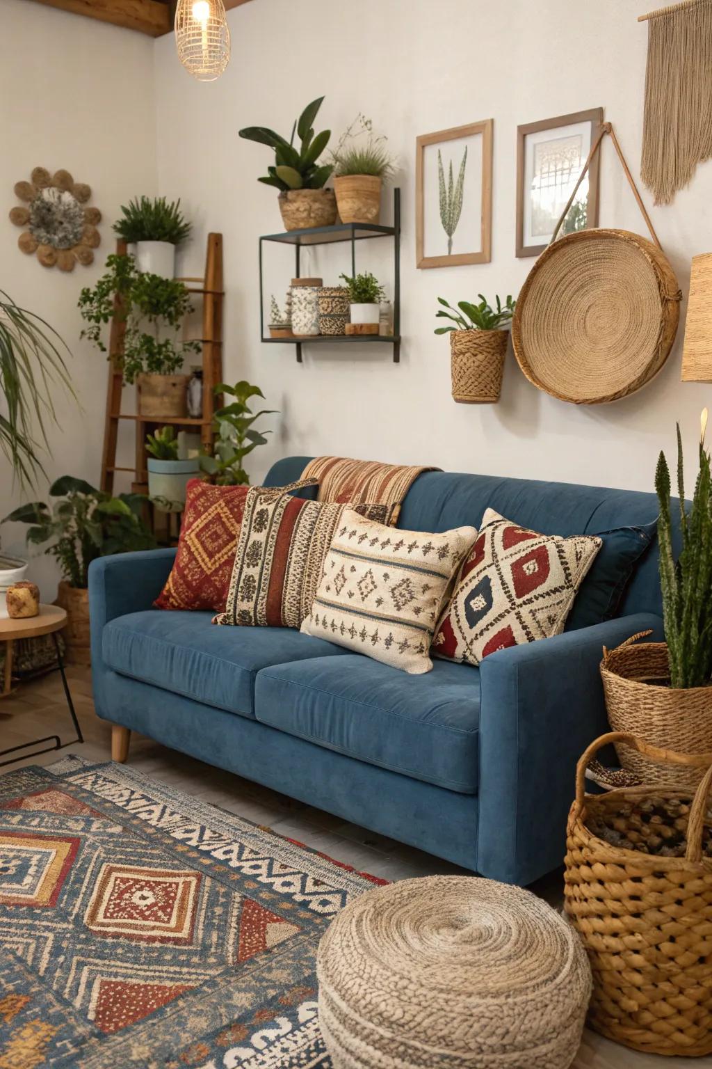 Bohemian textiles and decor craft an inviting sapphire settee setting.