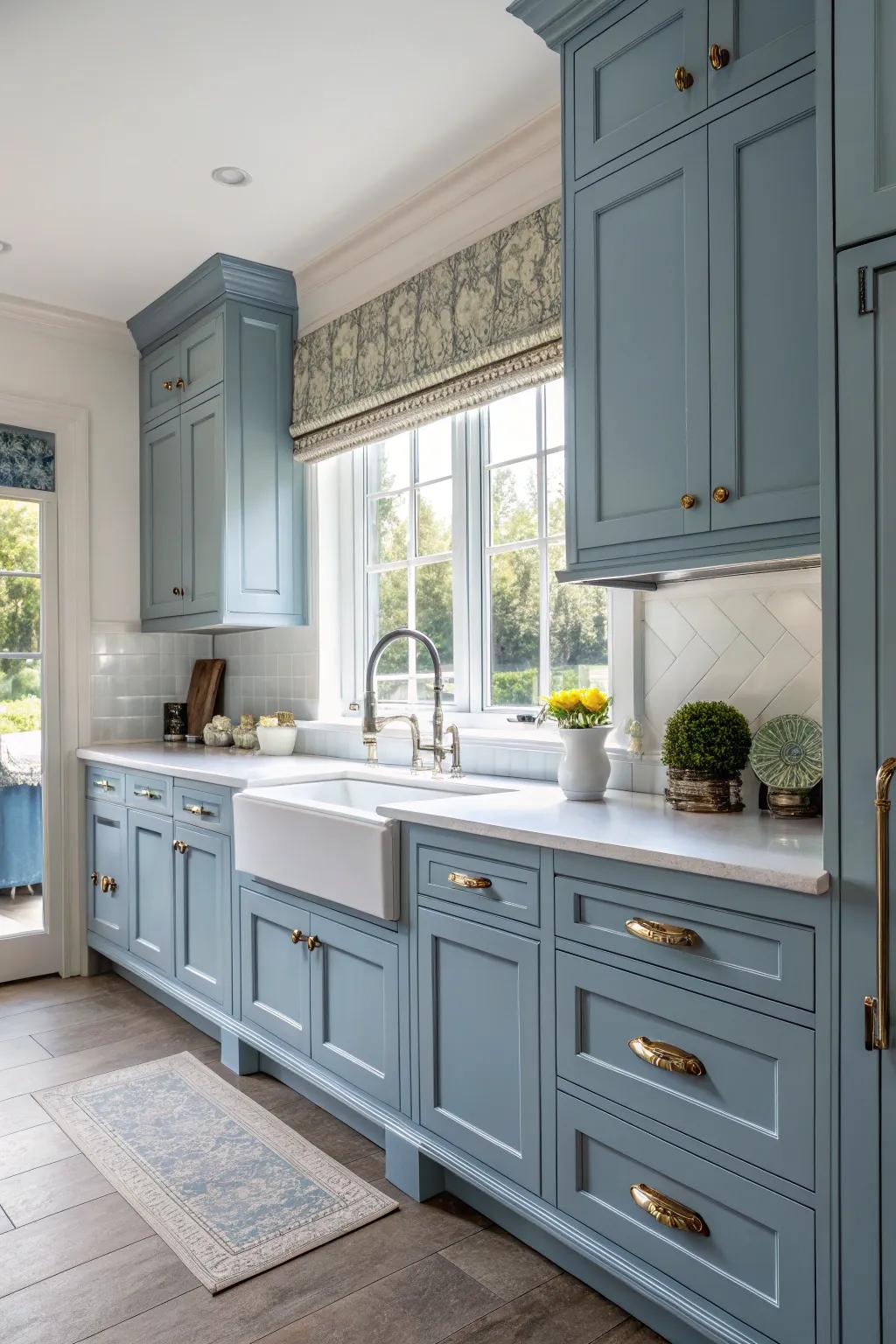 A fusion of traditional and modern designs with azure cupboards conjures a balanced cooking area layout.