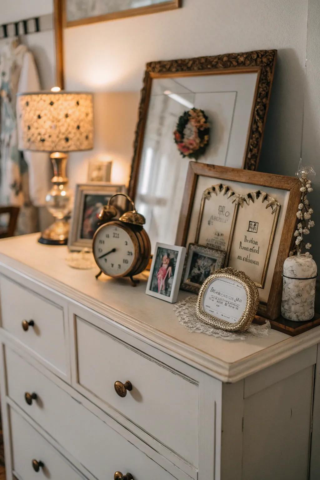 Personalized ornaments such as a vintage clock inject sentimental value into this boho dresser.