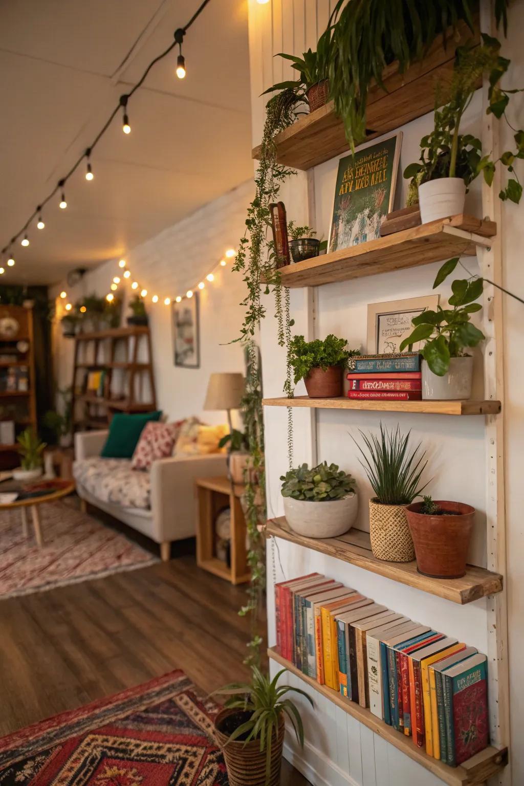 Artistic shelving creatively showcases plants and decor.