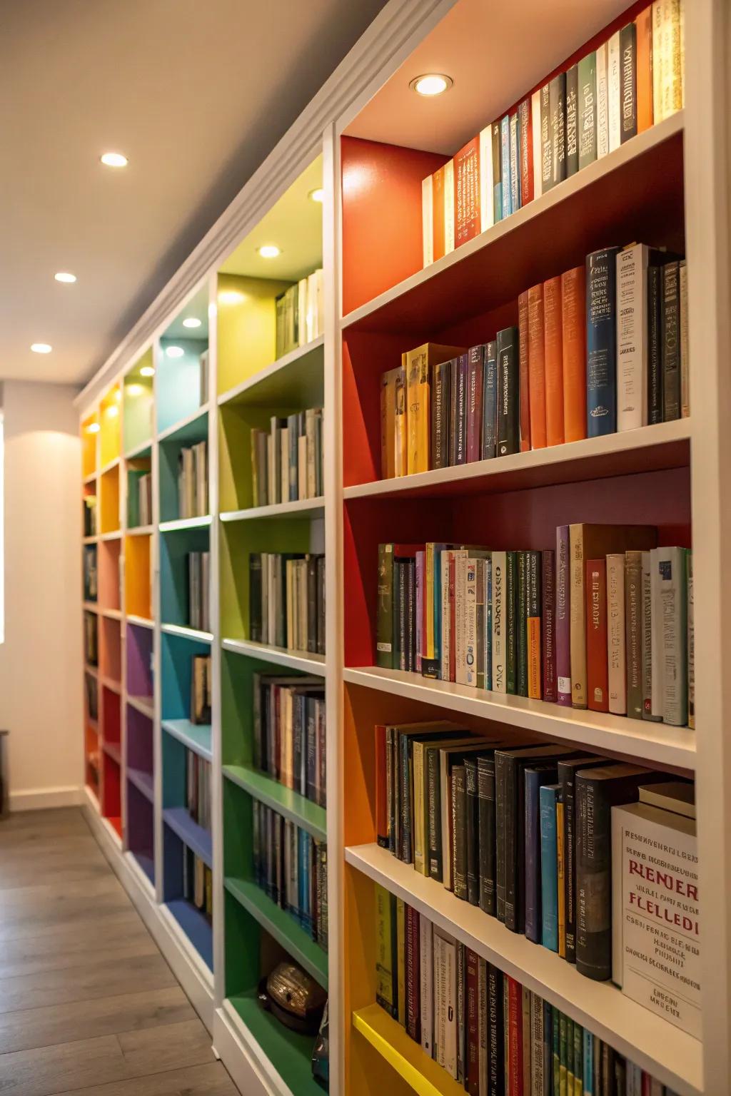 Colorful backing adds a lively twist to traditional bookshelves.