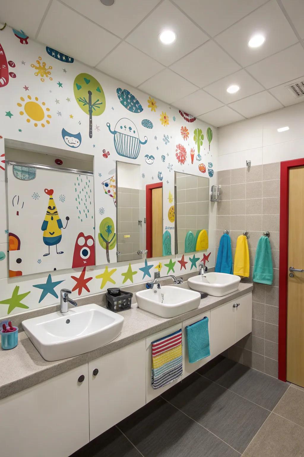Hued wall graphics bring life to a boys' bathroom.
