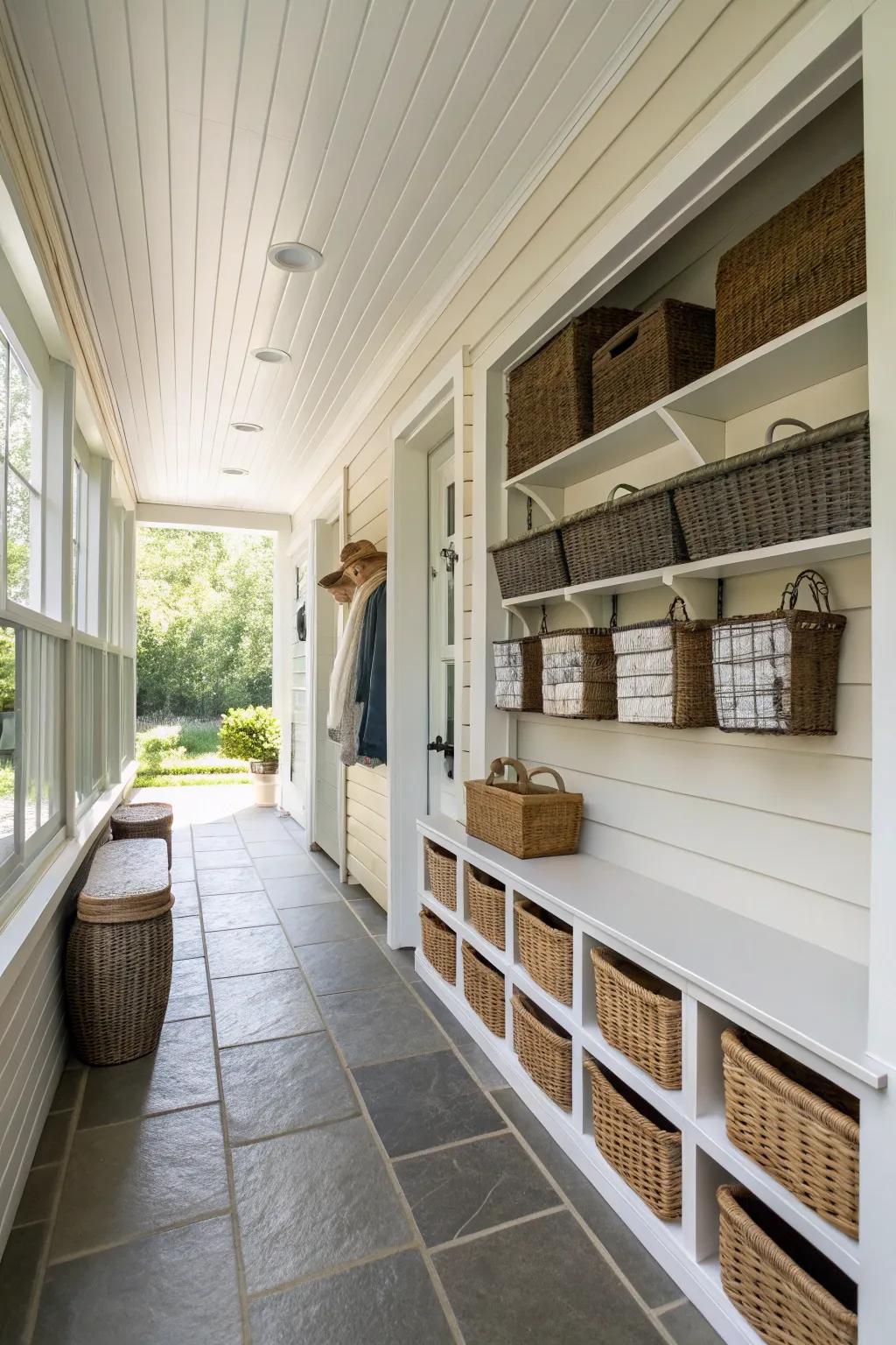 Stylish storage solutions keeping the breezeway tidy and organized.
