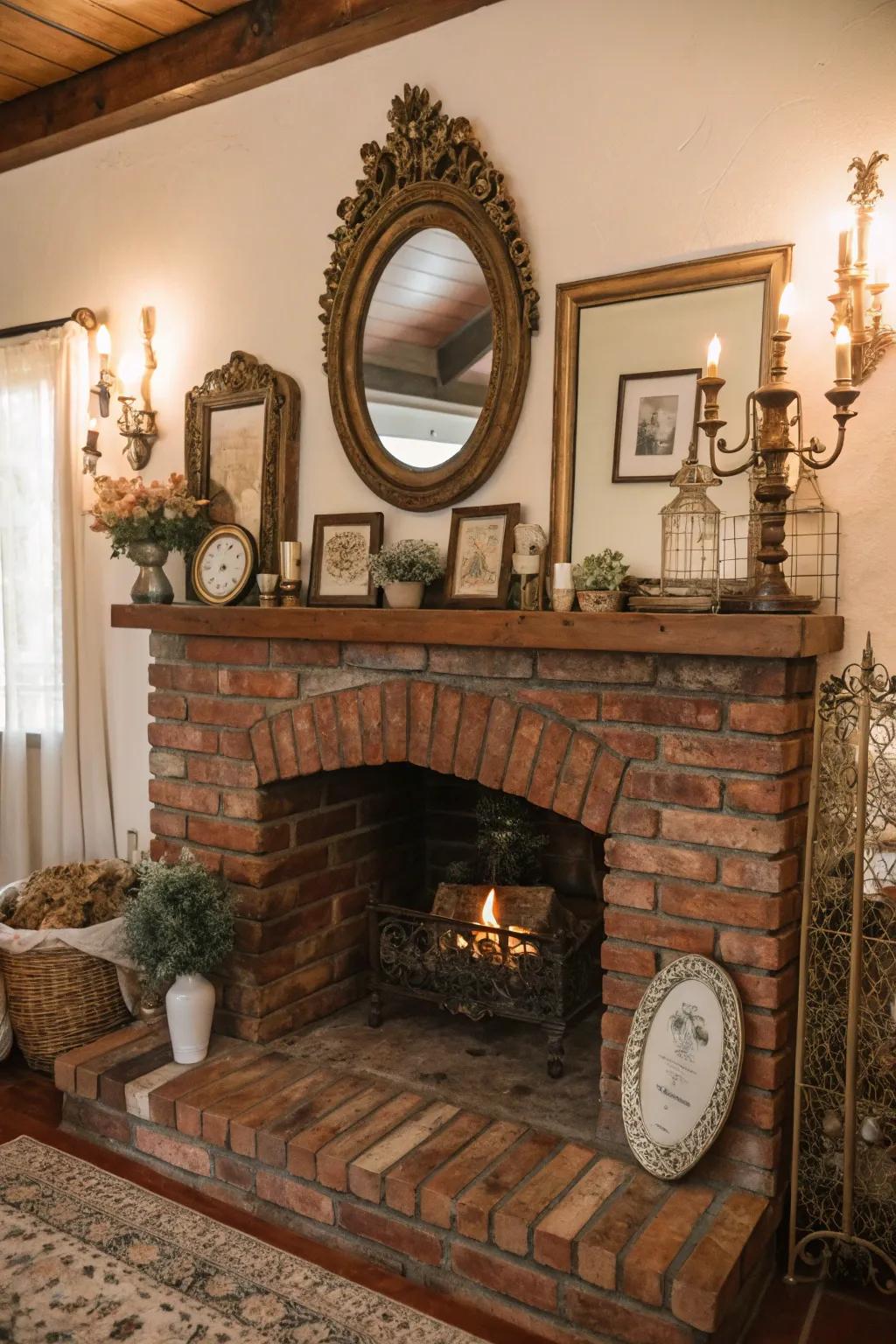 A brick hearth decorated with vintage accents, lending character to the space.