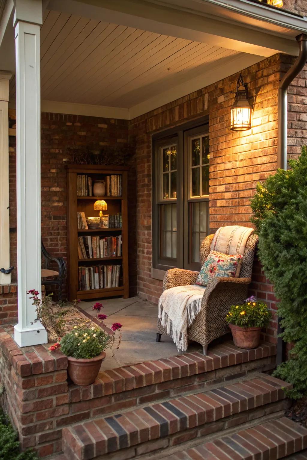 A cozy reading nook offers a perfect escape on this inviting porch.