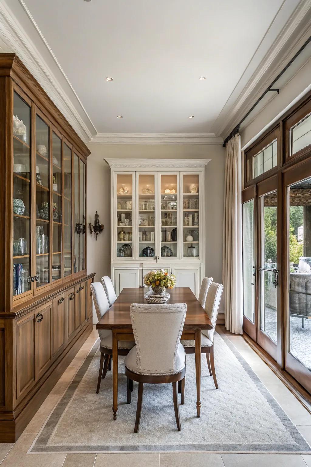 Symmetrical built-in cabinets crafting balance within the dining area.