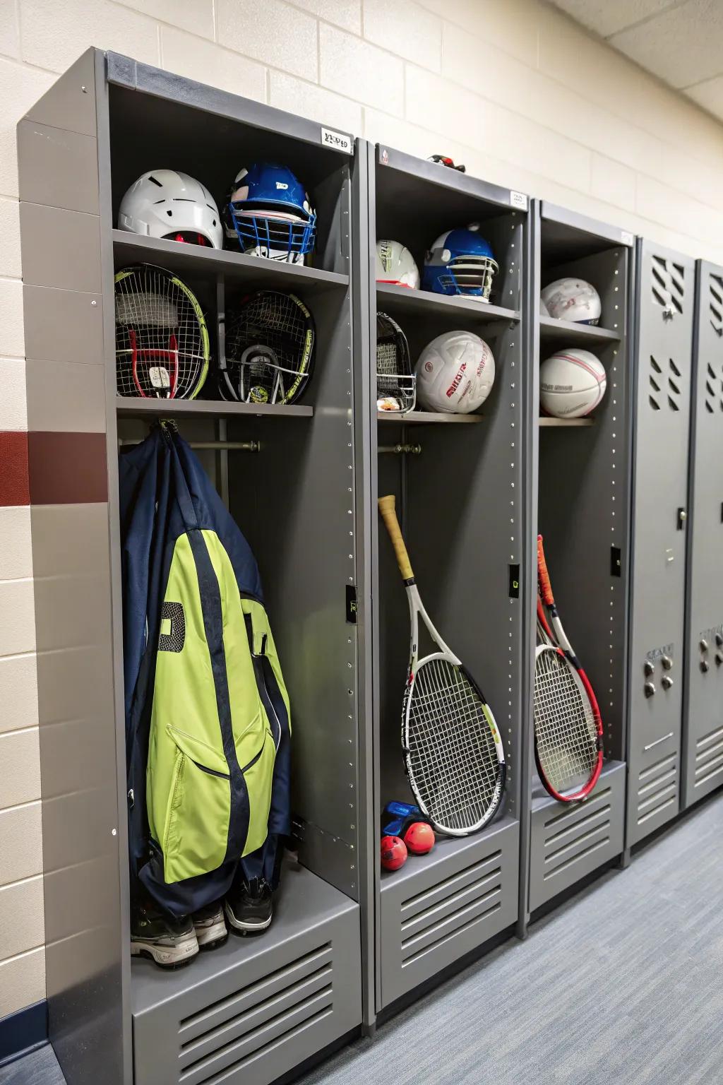 Athletic gear arranged within a designated locker area.