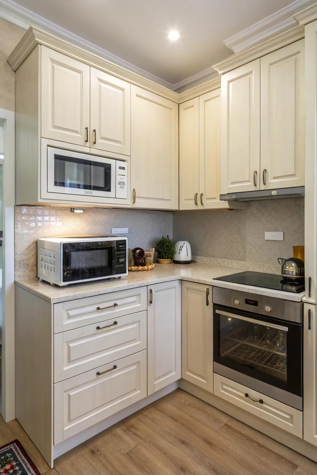 A wave oven smartly situated in an unused corner space.