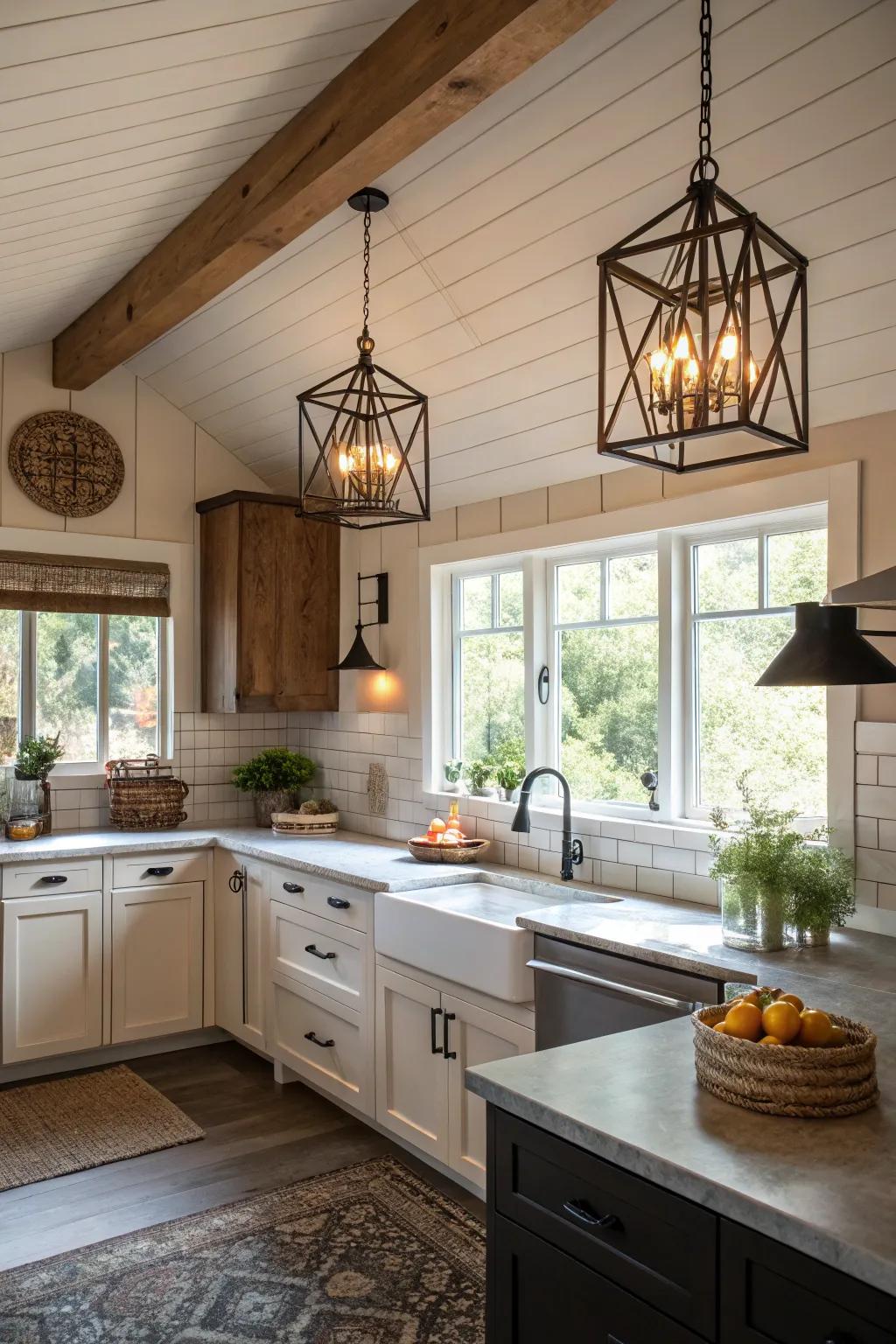 A cottage kitchen illuminated by bold and eye-catching statement lighting.
