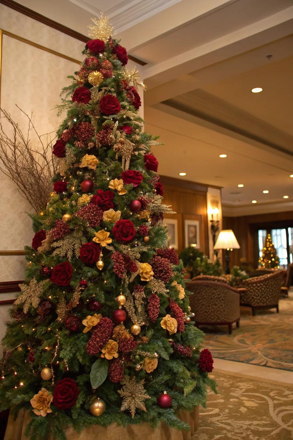 Floral arrangements introduce volume and texture to the tree.