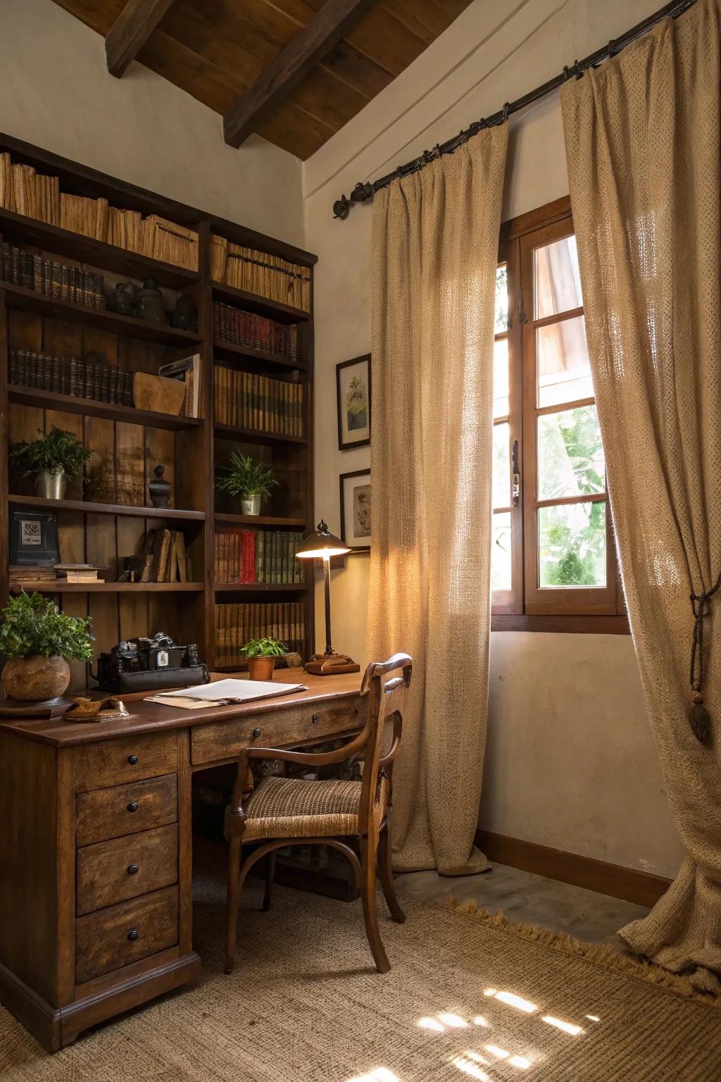 Creative inspiration featuring hessian drapes in a countryside office.