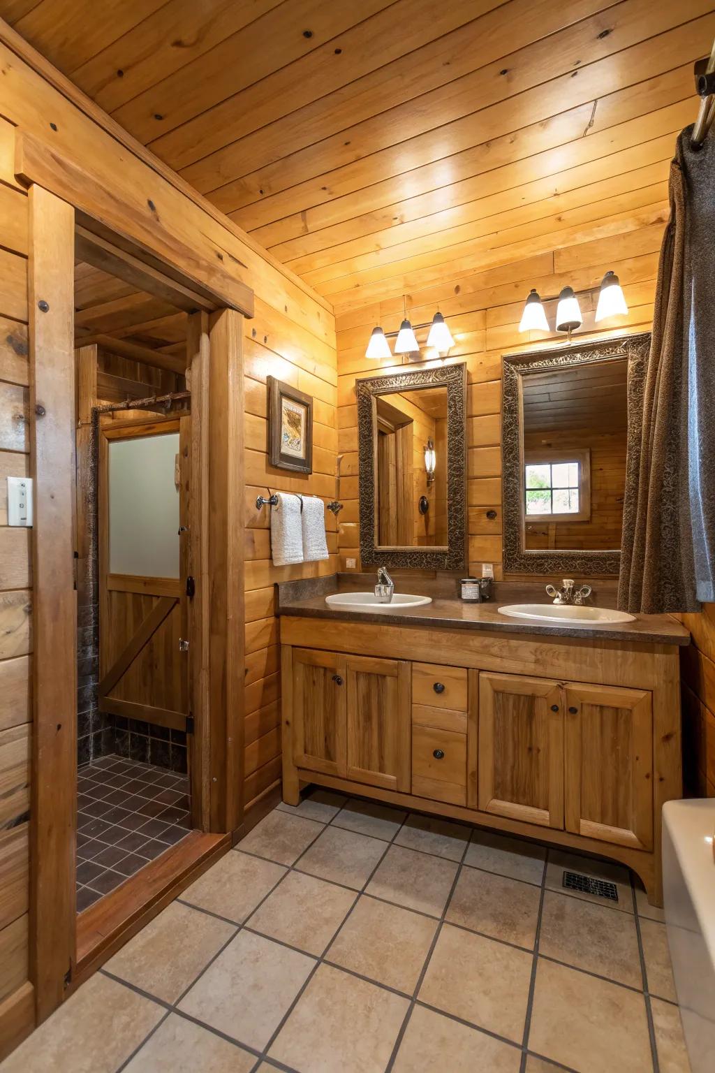 A cabin bathroom with mirrored walls that amplify the space with illumination.