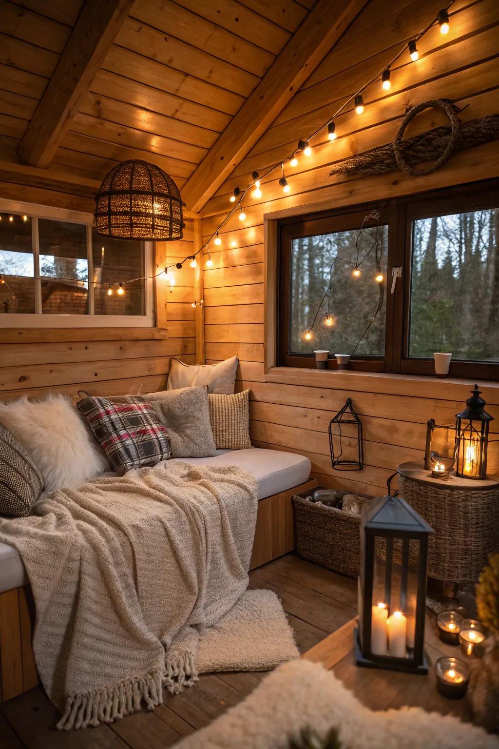 Layered lights offering versatility in a cabin interior.