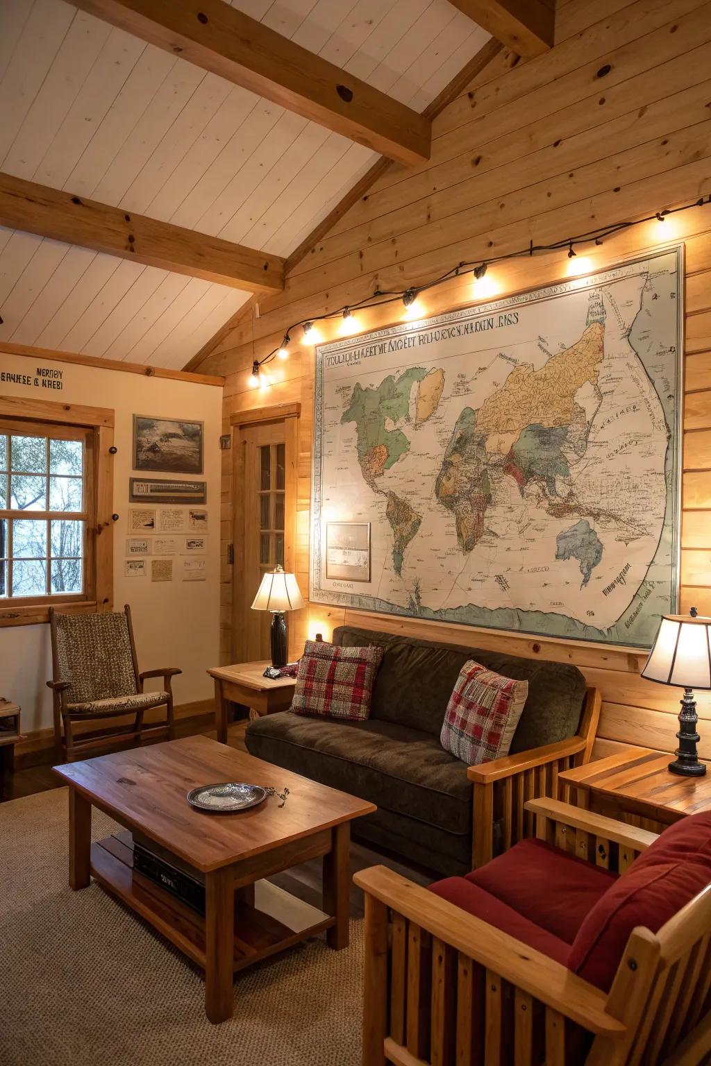 A wooden map functioning as a striking conversation piece.