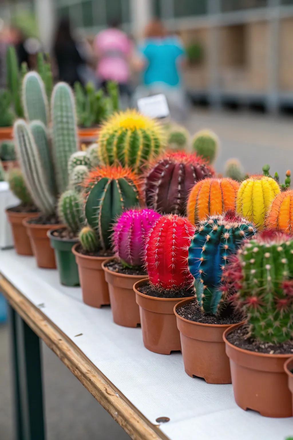 A palette of vibrant cacti establishes a lively and active display.