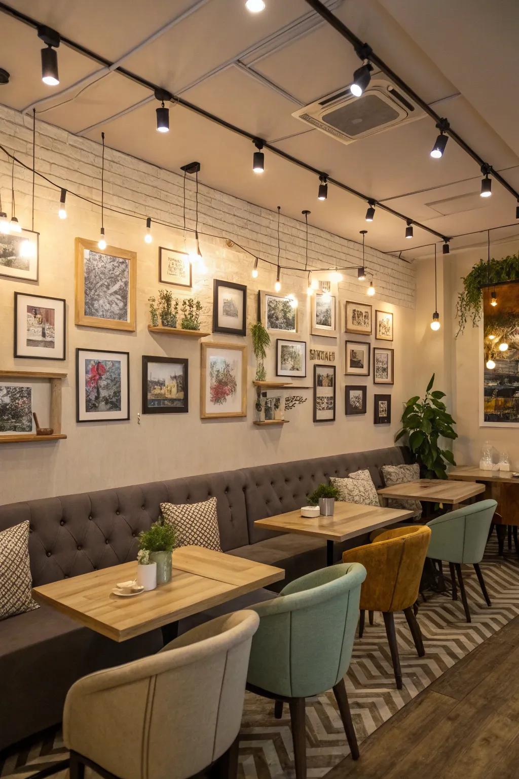 A personal gallery surface appends character and dialogue to your home cafe.