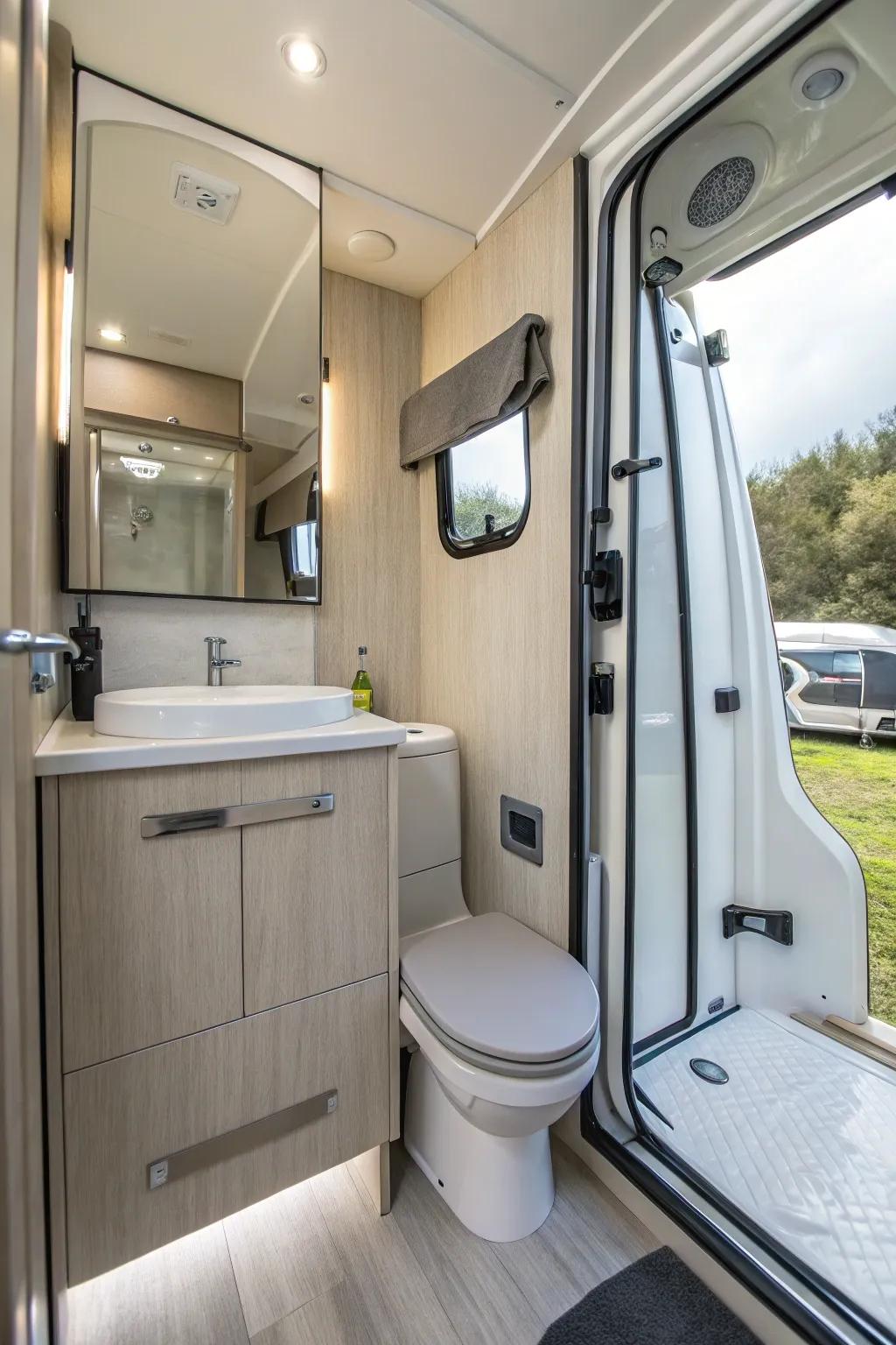 Fashionable watertight wall boards in a camper van bathroom.