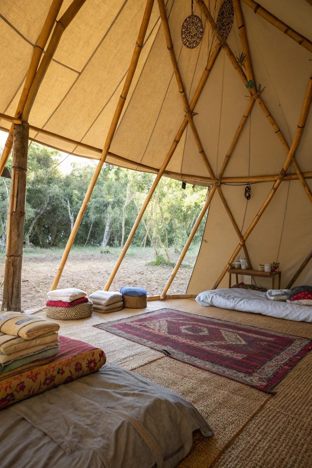 Incorporate eco-friendly elements for a sustainable tent interior.