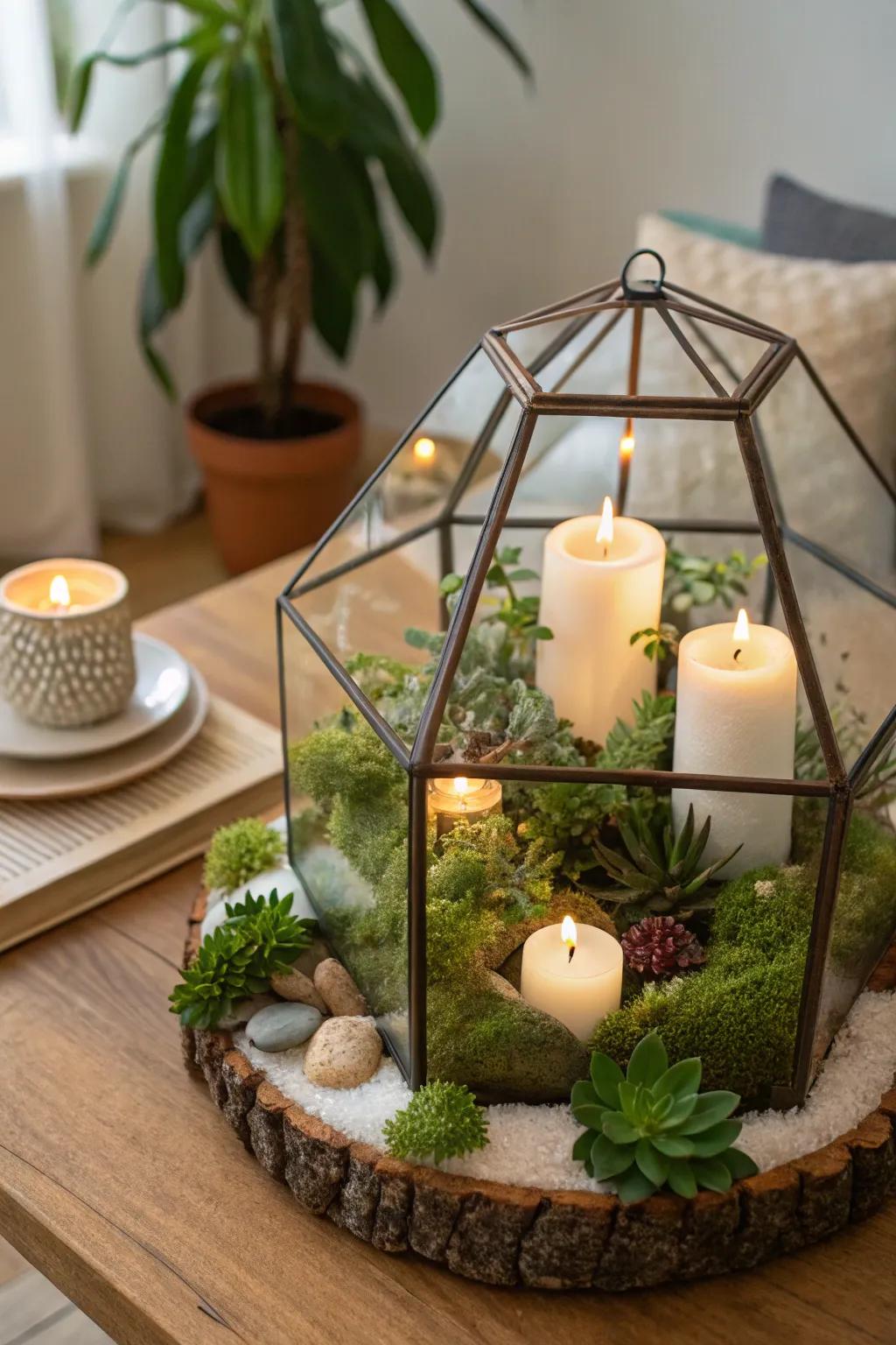 Lighted terrariums blend nature and radiance beautifully.