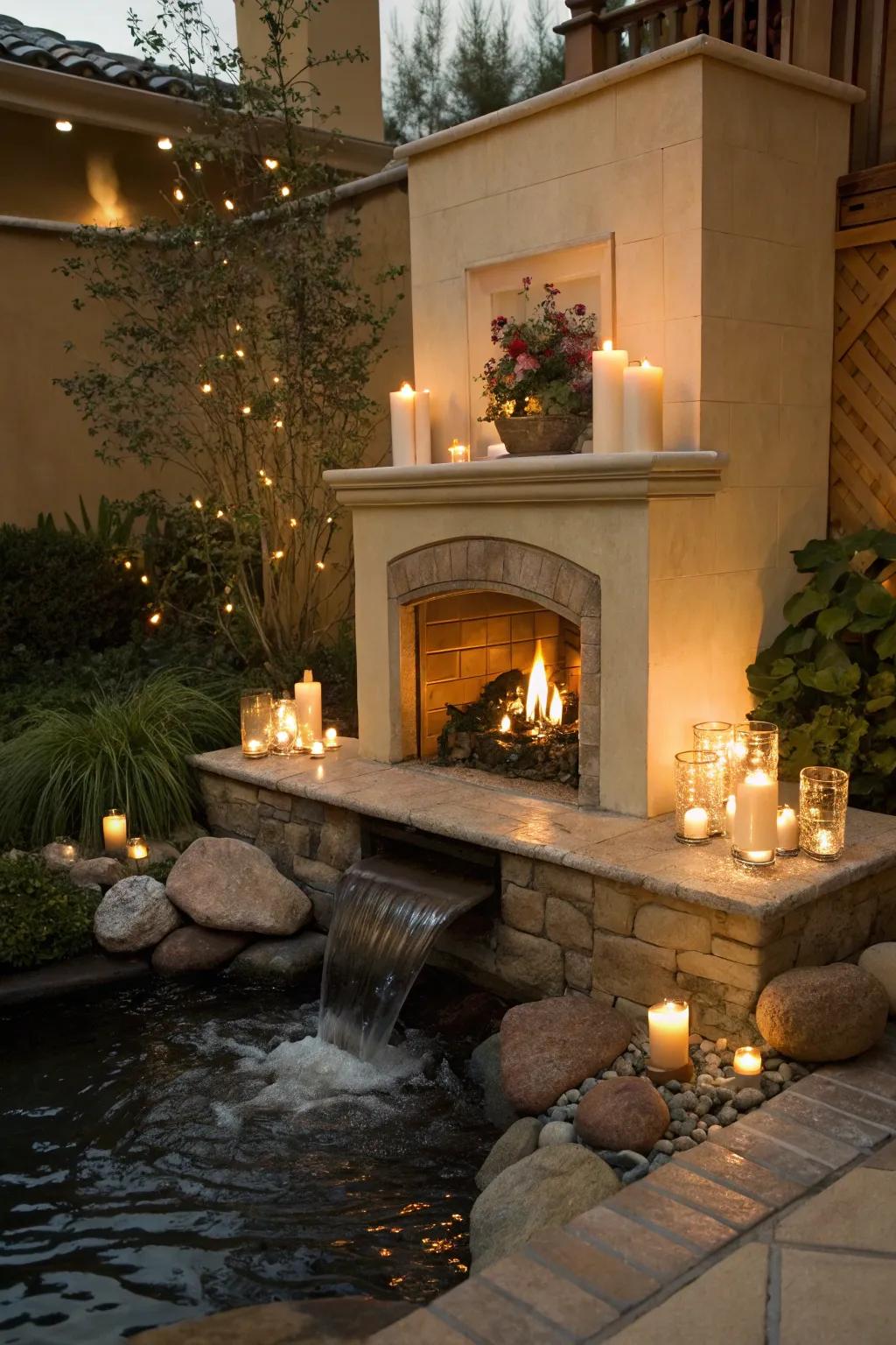 Candles fused with a water display compose a serene and pacifying hearth ambiance.