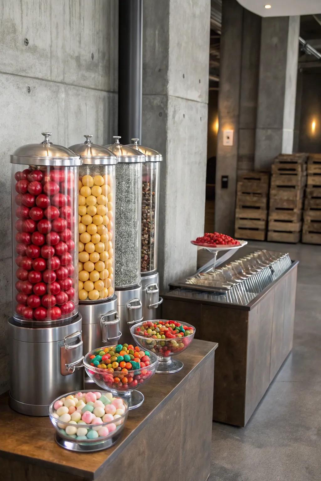 An industrial chic sweets display that blends urban style with sleek design.