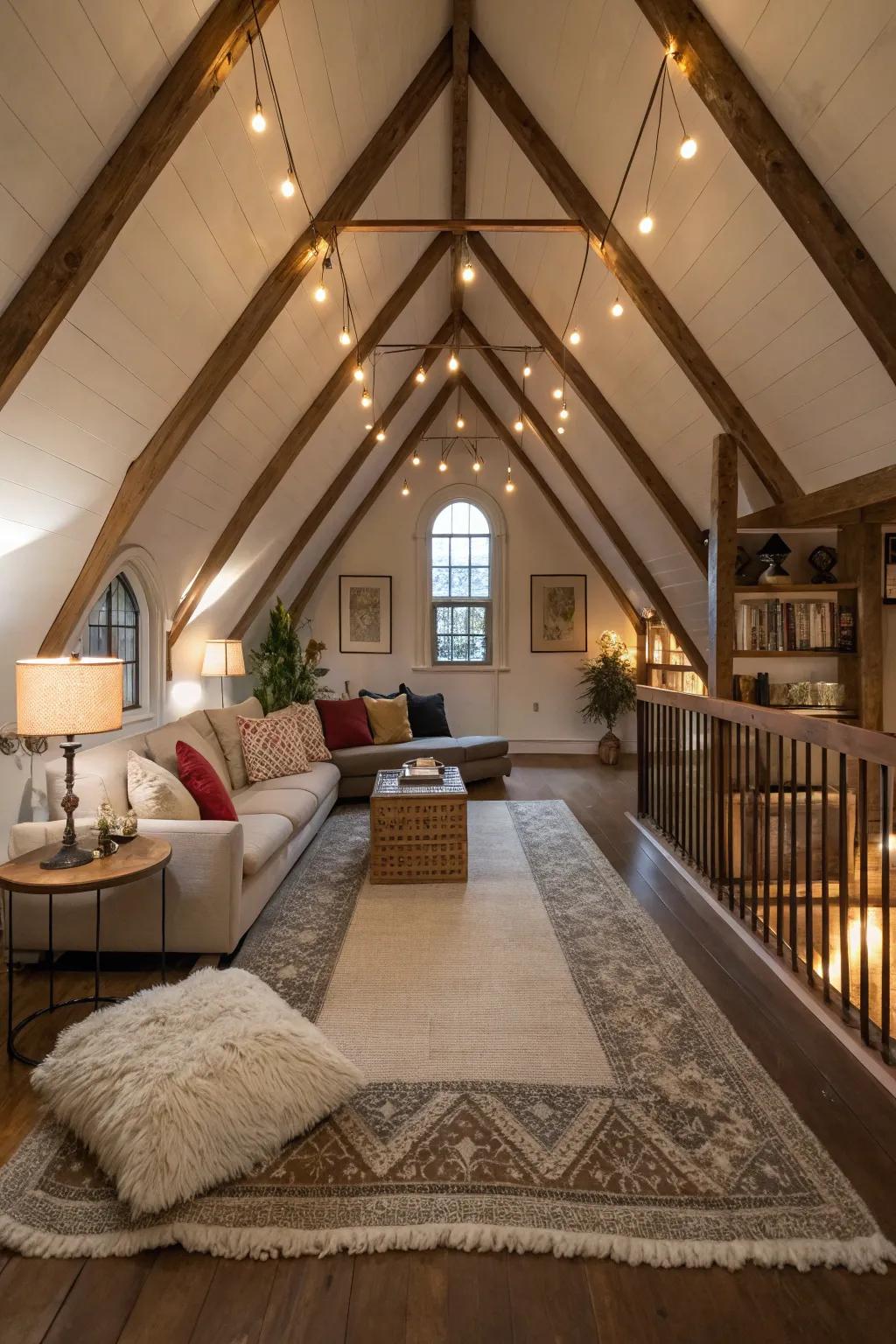 A loft area creatively utilizes vertical area for added functionality.