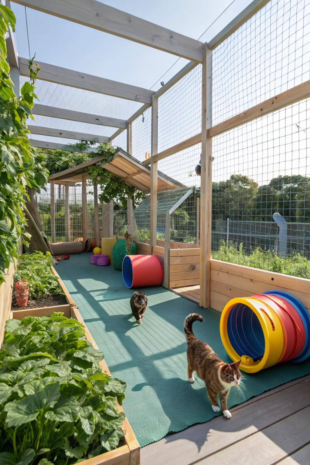 Hands-on play zones in a catio, designed to keep cats amused and active.