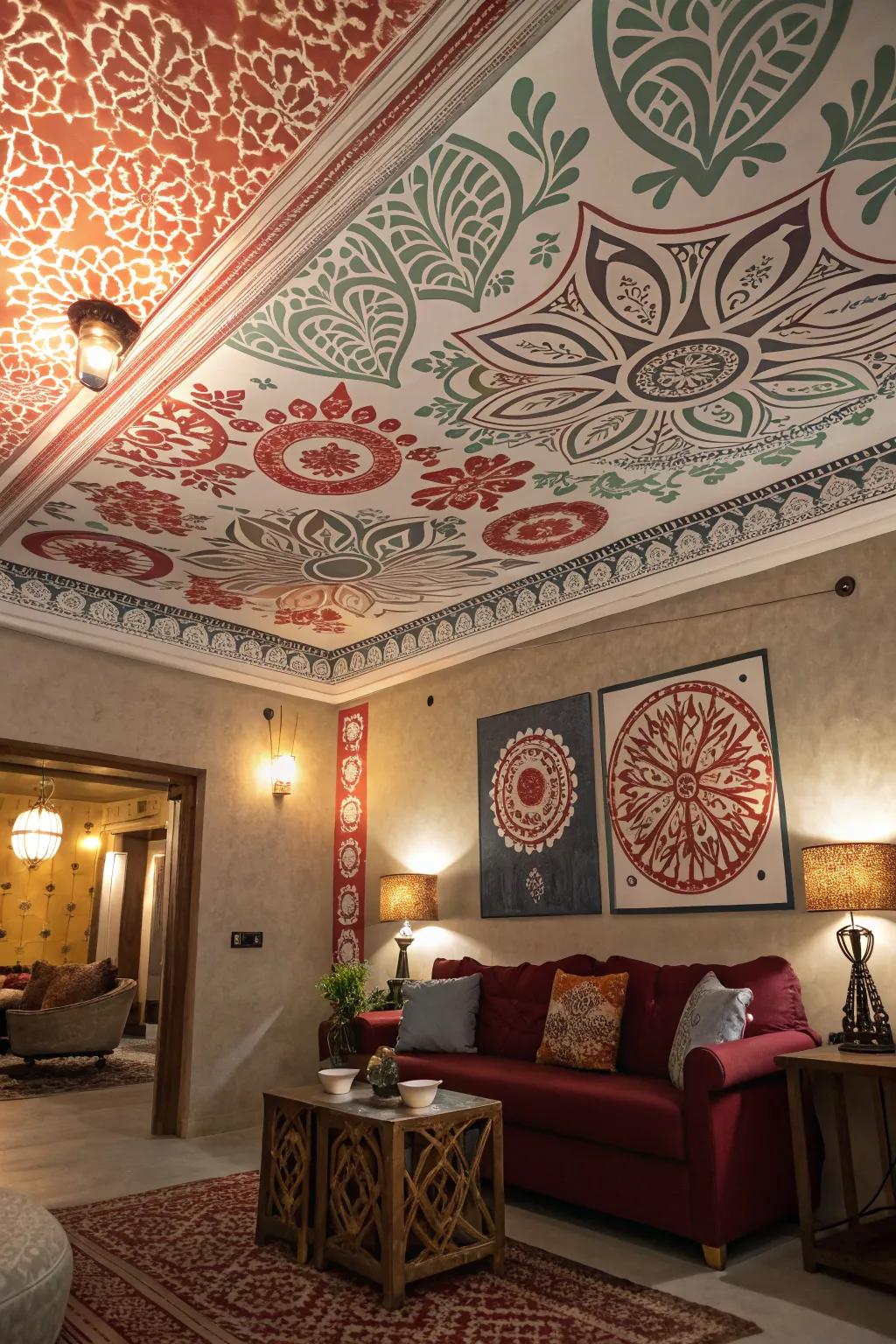 Creative expression with bold stenciled ceiling patterns.