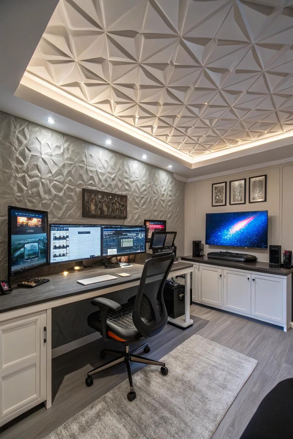A futuristic home workplace details three-dimensional ceiling shingles for depth.