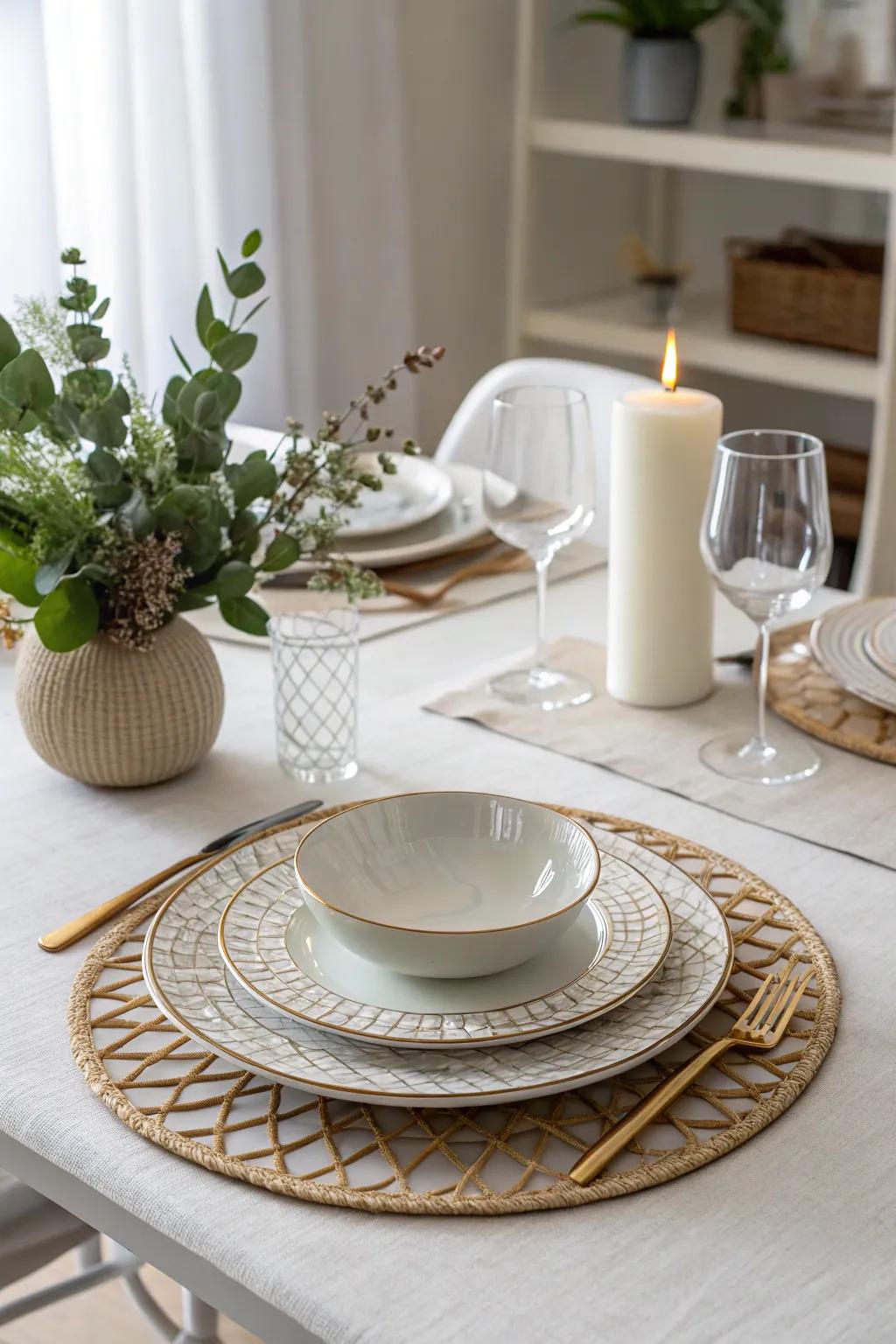 Minimalist sophistication with a refined clay plate centerpiece foundation.