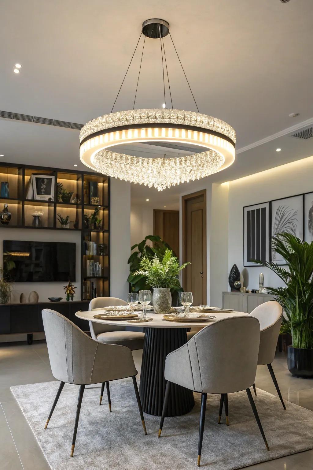 An LED chandelier offers sleek design and energy efficiency.