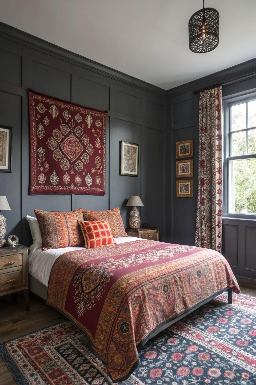 Bold patterns enliven a deep gray-themed bedroom.