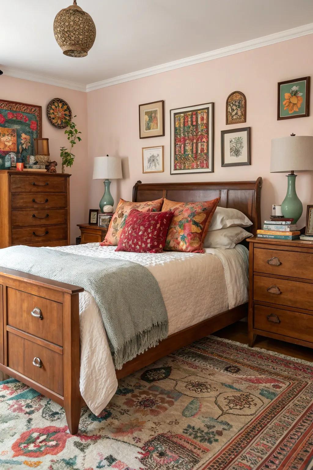 Eclectic decor enabling walnut wood to shine in a diverse setting.