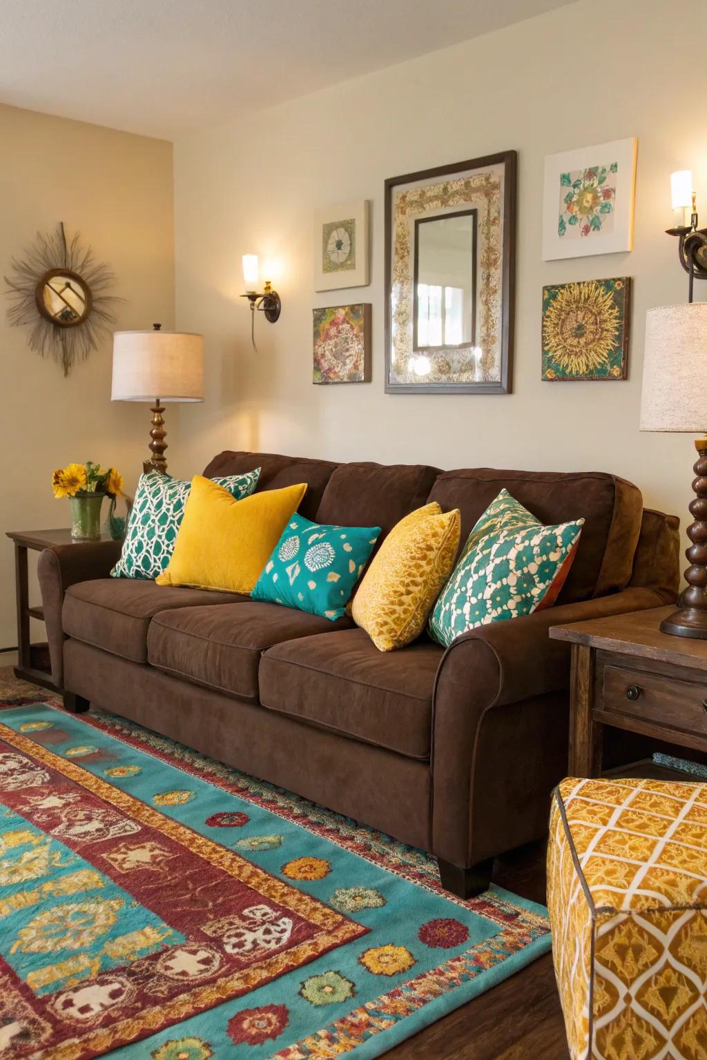 Unexpected pops of color add energy and vibrancy to a cocoa sofa setting.