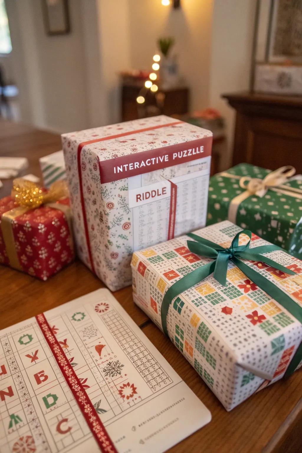 Engaging gifts wrapped with brain-teasers and riddles for fun.