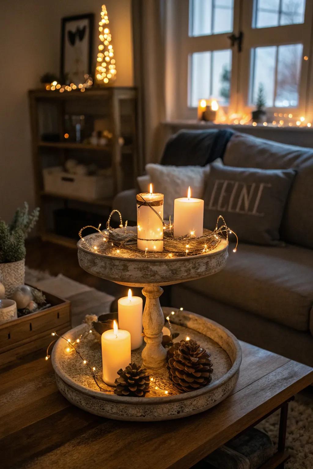 A warm and inviting festive light display on a tiered stand.