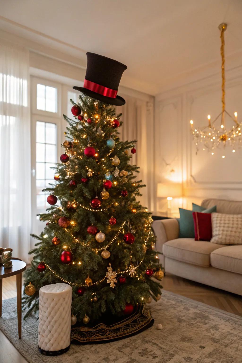 A festive stovepipe hat adds a quirky and sophisticated touch.