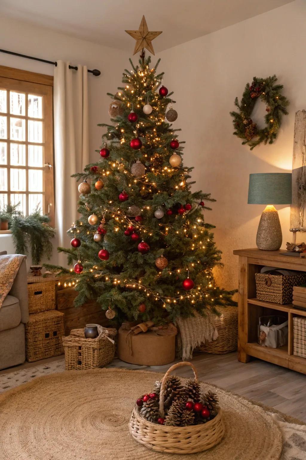 An earthy Christmas tree featuring natural ornaments and colorful lights, creating a harmonious blend with nature's palette.