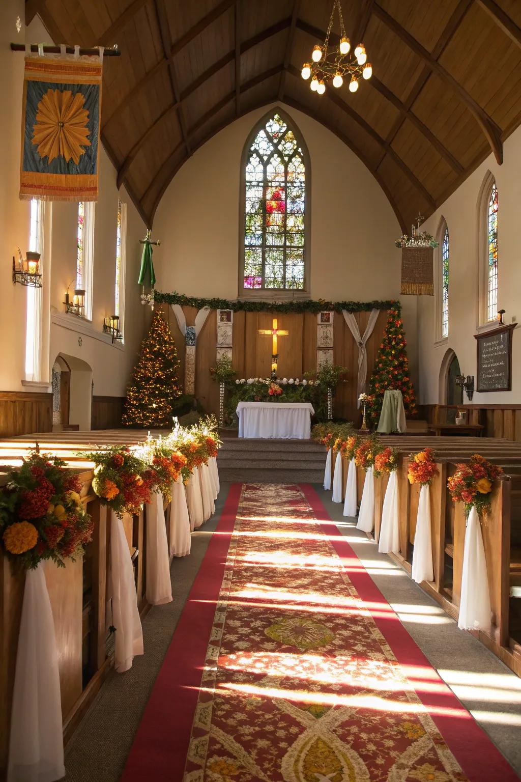 Church interior with seasonal textile features.