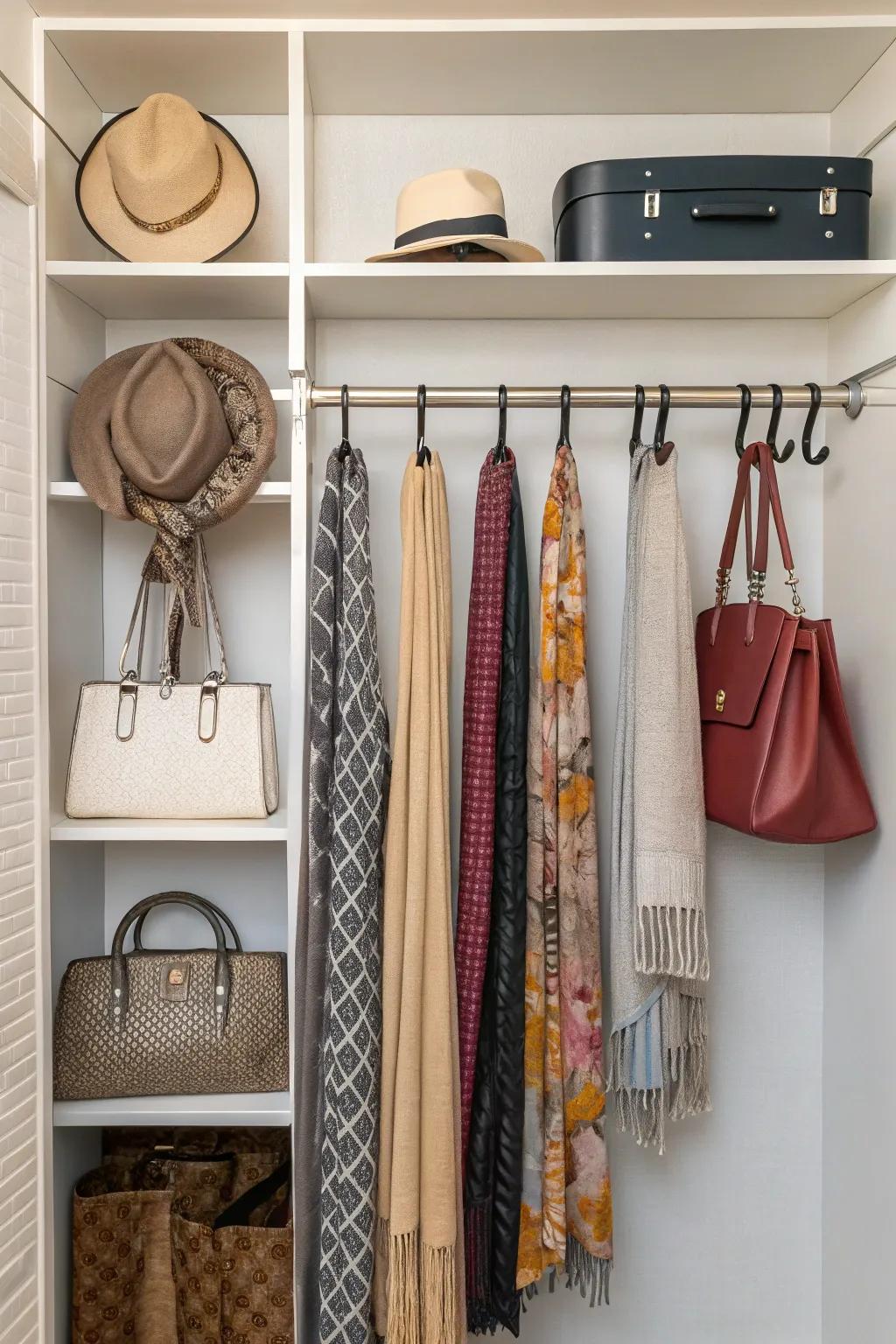 Built-in hooks offer versatile accessory storage in closets.