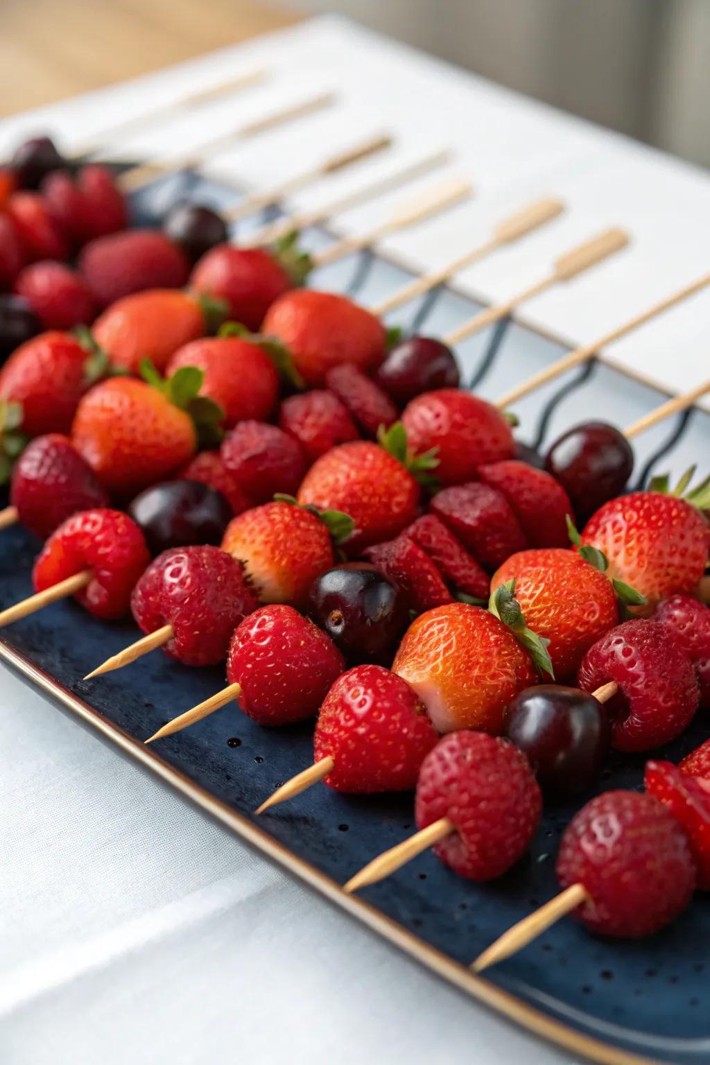 Vivid crimson fruit skewers providing a healthy and colorful treat.