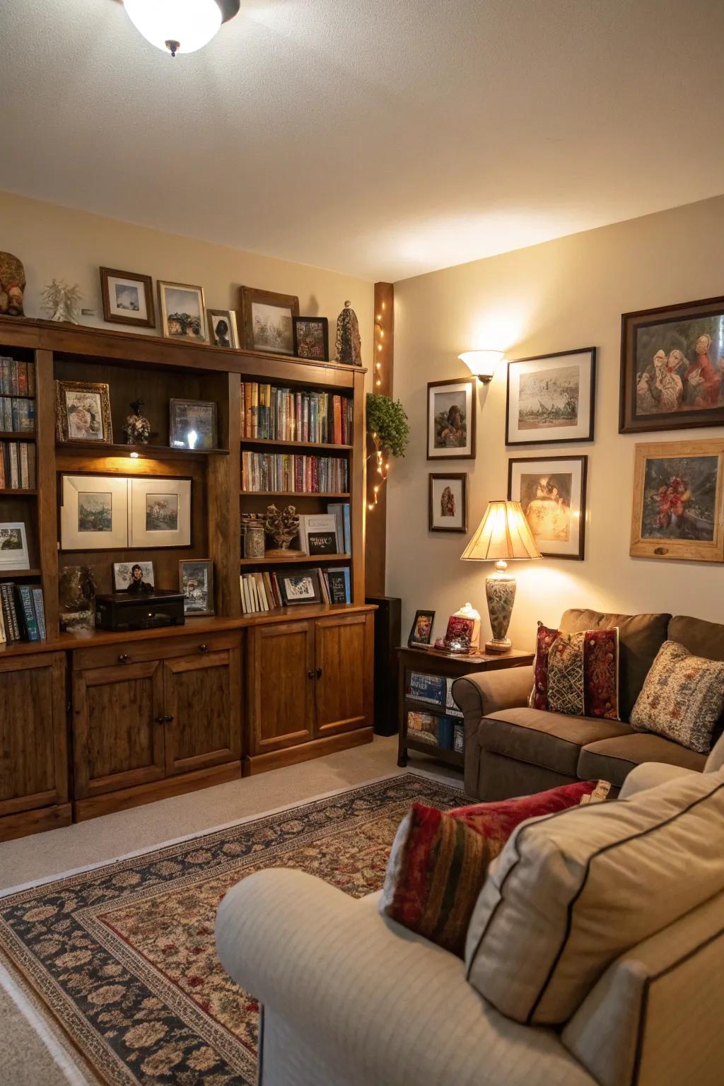 Personal keepsakes impart a unique, personalized feel to this inviting living room.